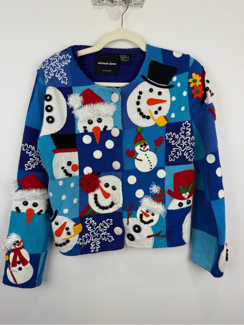 Michael Simon Snowman Cardigan S Vintage Y2K Patchwork Christmas Sweater